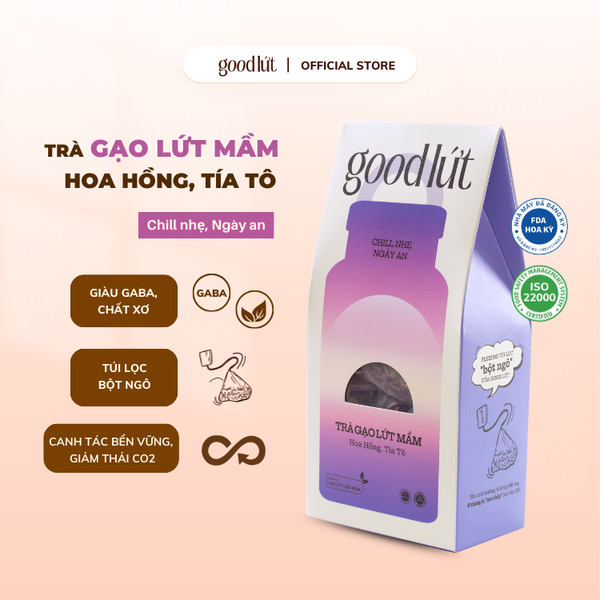Trà gạo lứt mầm hoa hồng tía tô Good Lứt - Thư giãn tinh thần, cải thiện tiêu hoá, dưỡng sáng da an toàn lành tính - Hộp 150G