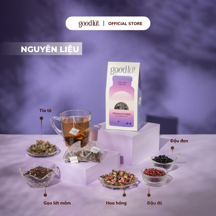 Trà gạo lứt mầm hoa hồng tía tô Good Lứt – Thư giãn tinh thần, hỗ trợ tiêu hoá, sáng da an toàn lành tính - Hộp 450G