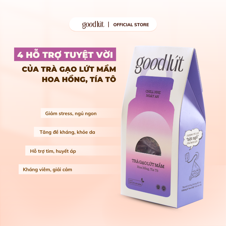 Trà gạo lứt mầm hoa hồng tía tô Good Lứt - Thư giãn tinh thần, cải thiện tiêu hoá, dưỡng sáng da an toàn lành tính - Hộp 150G