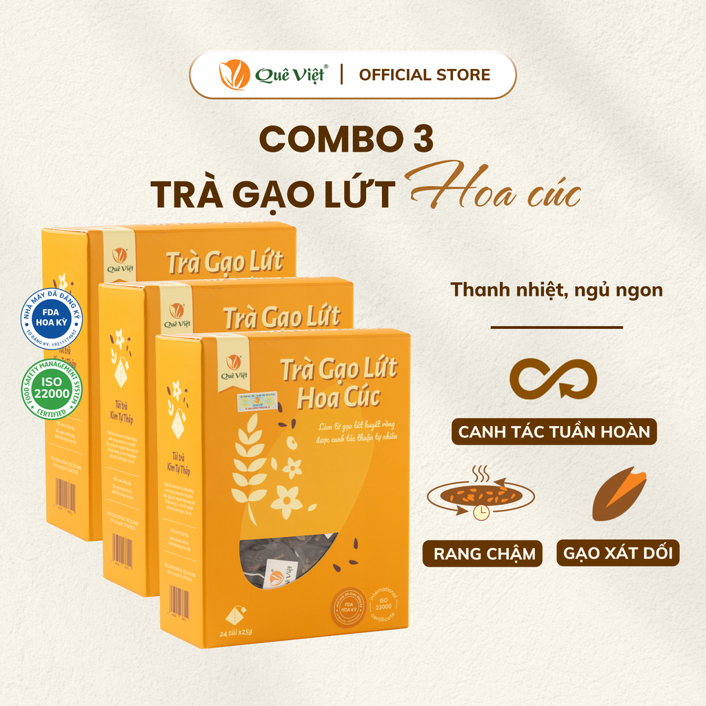 Combo 3 hộp Trà gạo lứt hoa cúc Quê Việt TẶNG 1 trà Good Lứt 150G - Hộp 600G, 450G