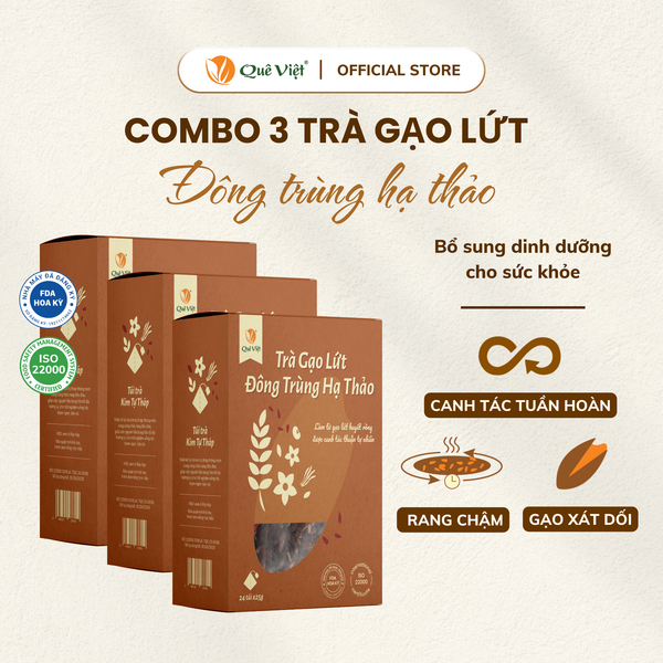 Combo 3 hộp Trà gạo lứt Đông trùng hạ thảo Quê Việt TẶNG 1 trà Good Lứt 150G - Hộp 600G, 450G