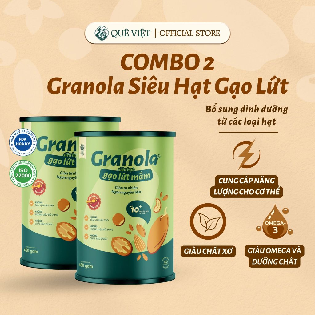 Combo 2 hộp Granola ngũ cốc siêu hạt gạo lứt mầm Quê Việt