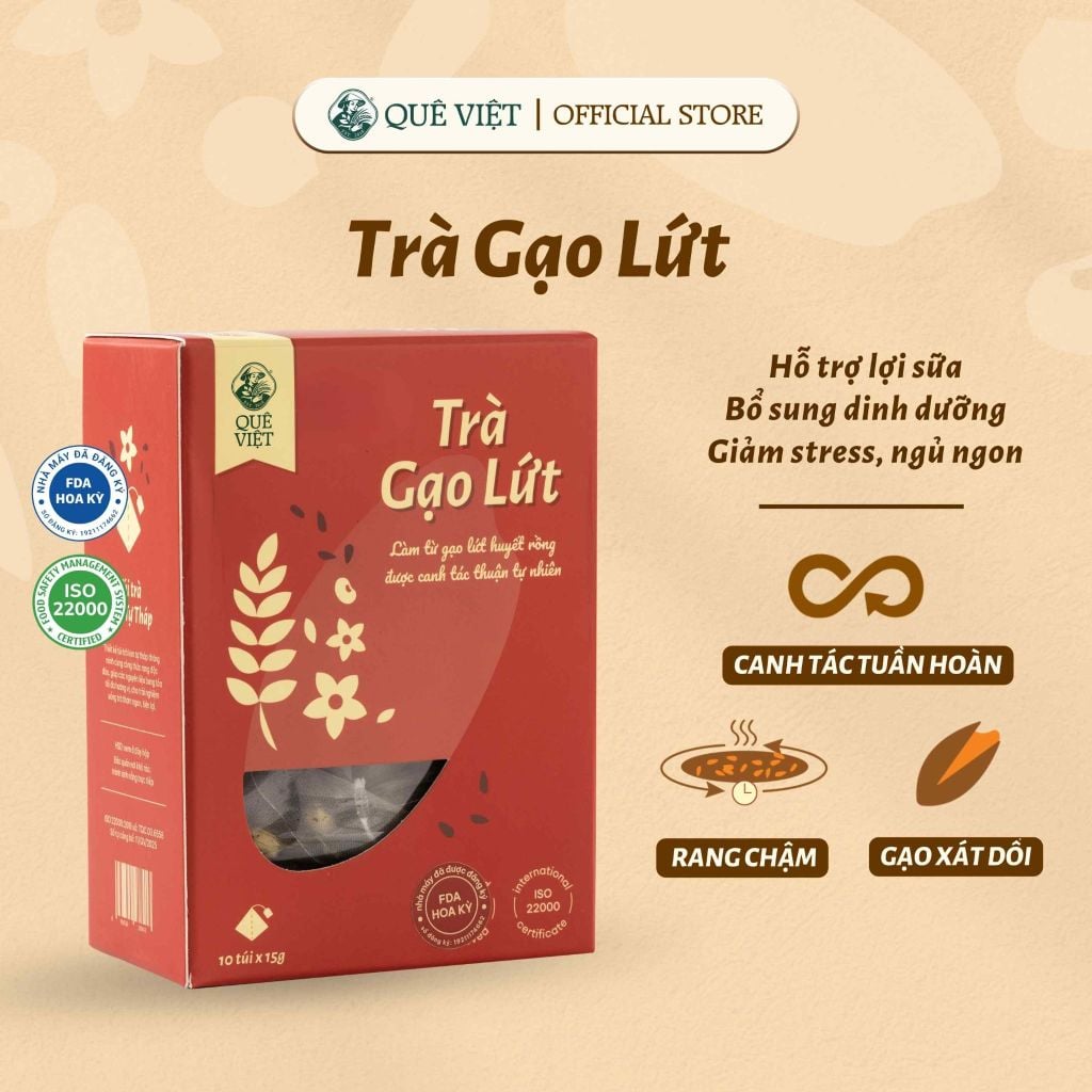Trà gạo lứt lợi sữa Quê Việt hỗ trợ lợi sữa cho mẹ sau sinh, nguyên liệu tự nhiên an toàn [150g,450g, 600g]