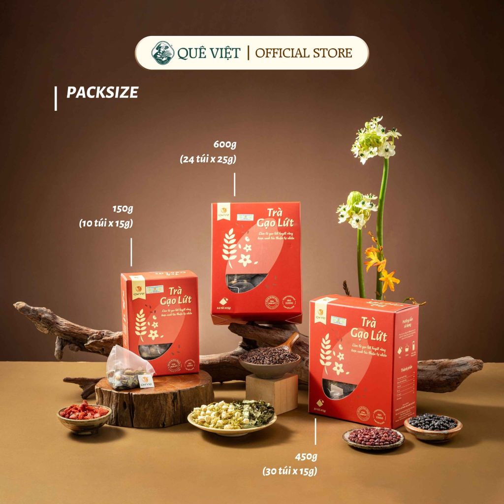 Combo 5 hộp Trà gạo lứt Quê Việt + Quà tặng - Hộp 600G, 450G