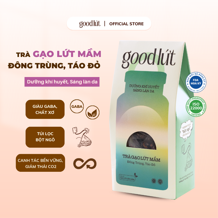 Trà gạo lứt mầm đông trùng táo đỏ Good Lứt - Cải thiện giấc ngủ, dưỡng sáng làn da lành tính, an toàn cho sức khoẻ - Hộp 150G