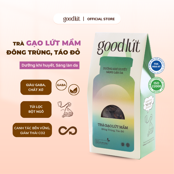 Trà gạo lứt mầm đông trùng táo đỏ Good Lứt - Cải thiện giấc ngủ, dưỡng sáng làn da lành tính, an toàn cho sức khoẻ - Hộp 150G