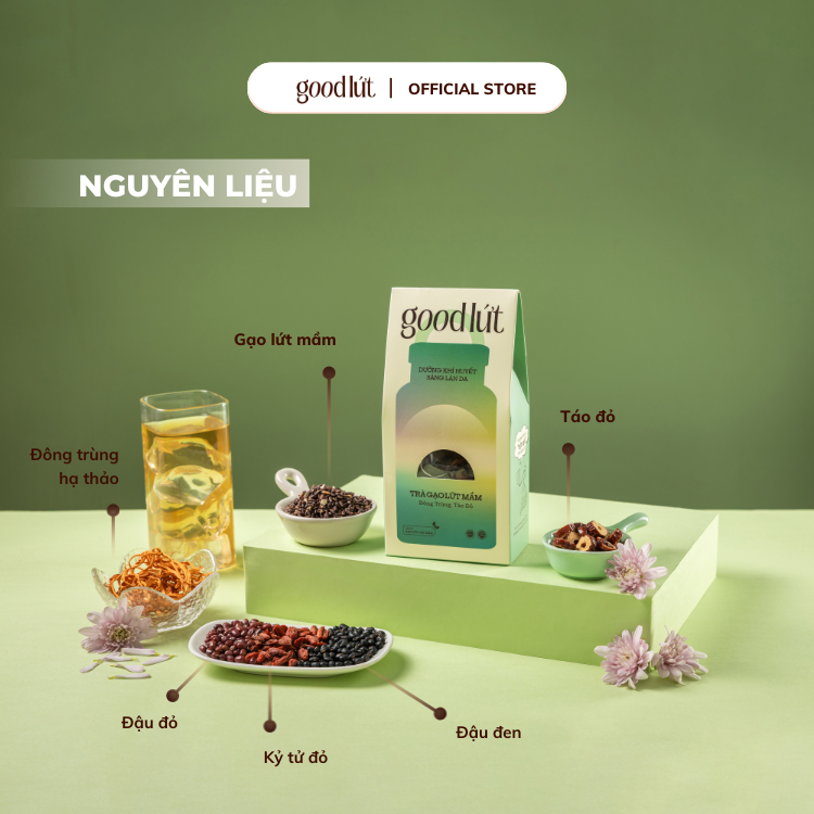 Combo 3 Trà gạo lứt mầm đông trùng táo đỏ Good Lứt - Cải thiện giấc ngủ, dưỡng sáng làn da lành tính, an toàn cho sức khoẻ - Hộp 150G