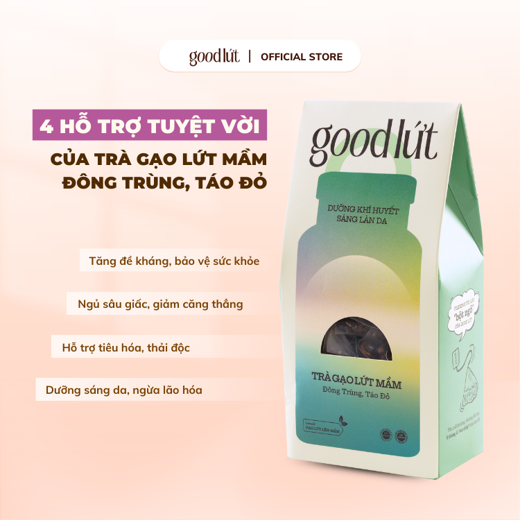 Trà gạo lứt mầm đông trùng táo đỏ Good Lứt - Cải thiện giấc ngủ, dưỡng sáng làn da lành tính, an toàn cho sức khoẻ - Hộp 150G