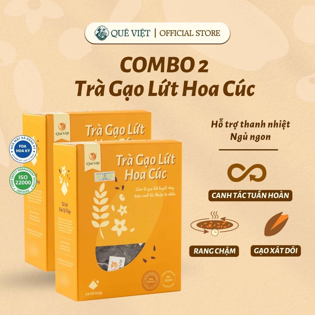 Combo 2 hộp Trà gạo lứt hoa cúc Quê Việt - Hộp 600G, 450G