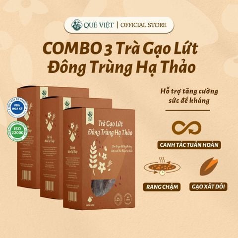 Combo 3 hộp Trà gạo lứt Đông trùng hạ thảo Quê Việt hỗ trợ bồi bổ khí huyết, thanh lọc cơ thể mát gan - Hộp [450g, 600g]