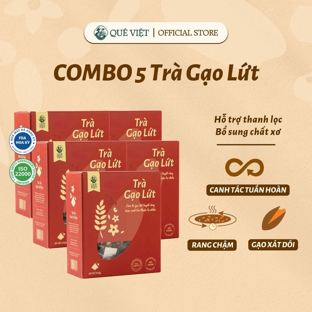 Combo 5 hộp Trà gạo lứt Quê Việt + Quà tặng - Hộp 600G, 450G