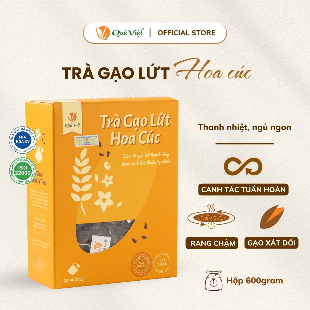 Combo 3 hộp Trà gạo lứt hoa cúc Quê Việt TẶNG 1 trà Good Lứt 150G - Hộp 600G, 450G