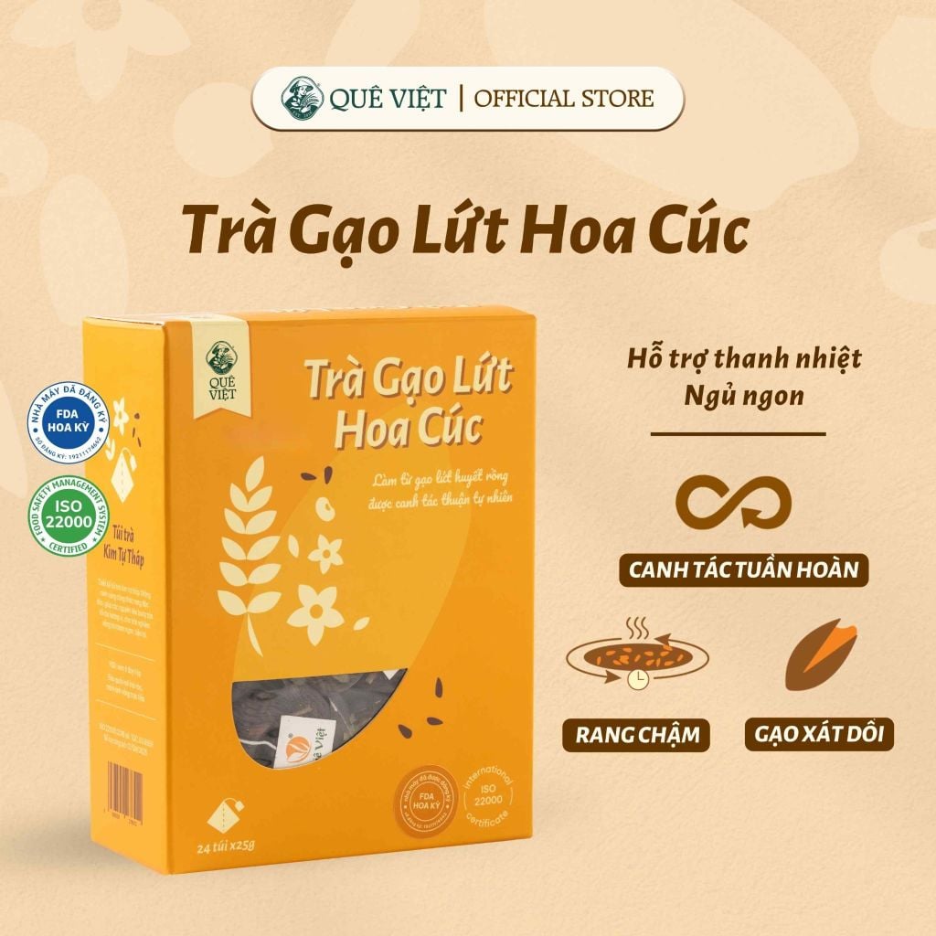 Trà gạo lứt hoa cúc Quê Việt thanh lọc nhiệt cơ thể, cải thiện giấc ngủ nguyên liệu tự nhiên - Hộp [150g, 10 túi 15g]