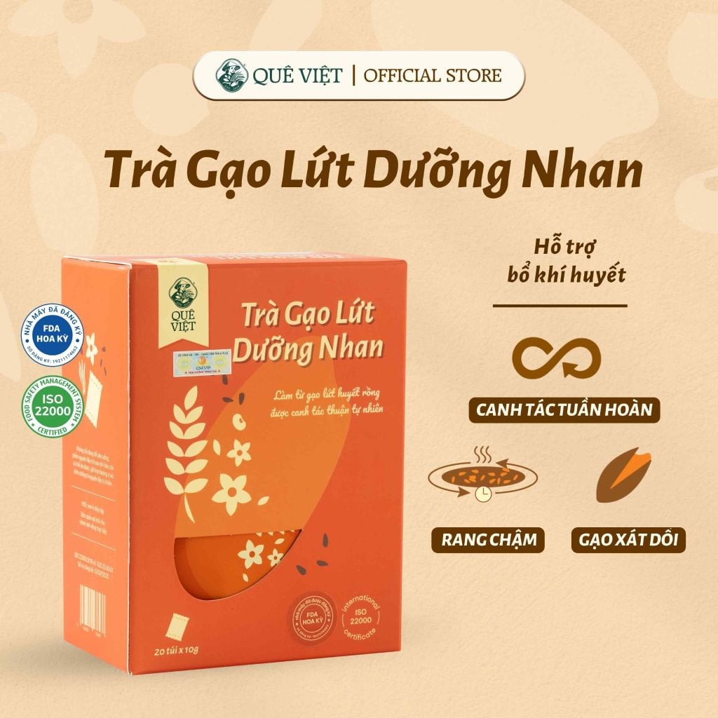 Trà gạo lứt dưỡng nhan Quê Việt dưỡng nhan, bổ huyết, chống lão hoá - Hộp 200gr [20 gói x 10gr]