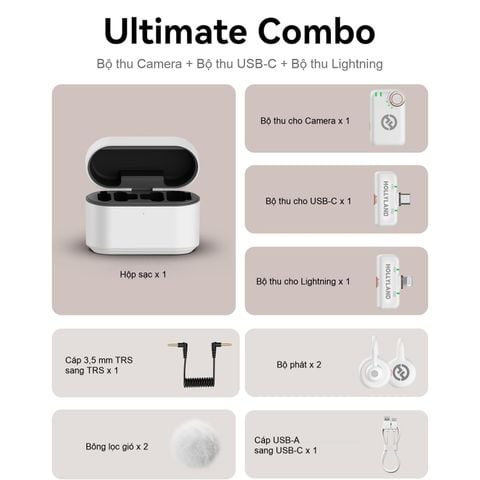 Bộ Micro không dây Hollyland Lark M2S Ultimate Combo (Camera RX, USB-C RX, Lightning RX) màu Glacier White
