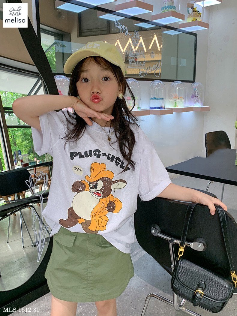 Set Melisa áo cotton trắng gấu - chân váy xanh rêu liền quần size 2 - 12y