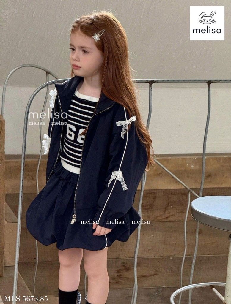 MLS 5673 - Bộ gió Melisa áo khoác navy nơ + chân váy liền quần size 2-12y