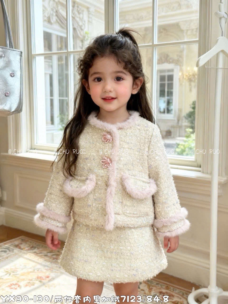 7123 - Set 2ct áo khoác + chân váy dạ tweed lót nỉ ấm màu be vàng size 90-130