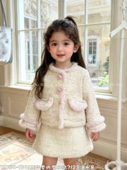 7123 - Set 2ct áo khoác + chân váy dạ tweed lót nỉ ấm màu be vàng size 90-130