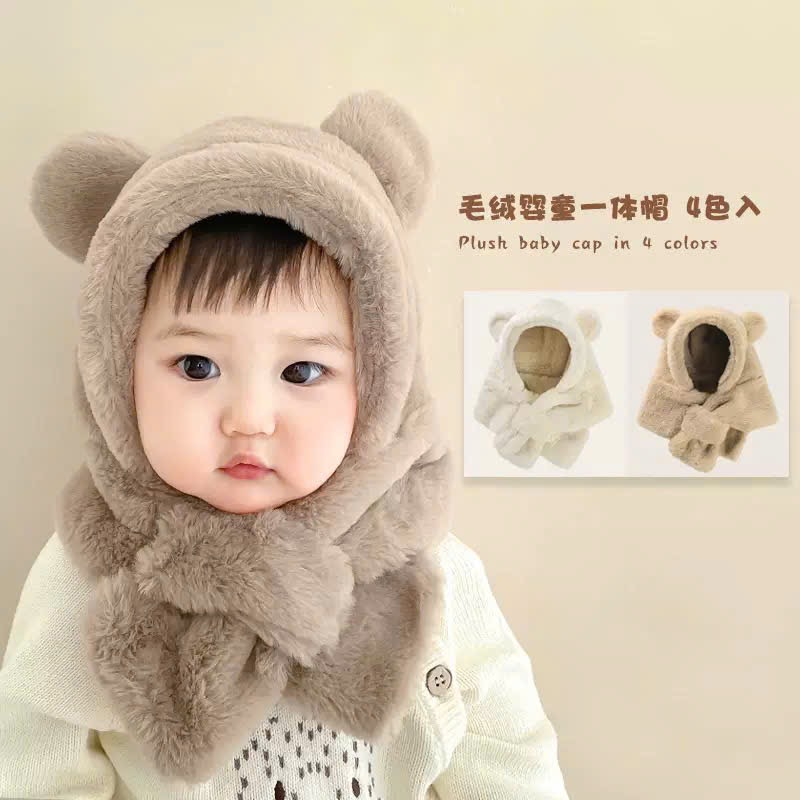PK08 - Mũ choàng lông liền khăn tai gấu trơn màu cho bé Free size 2 - 6y