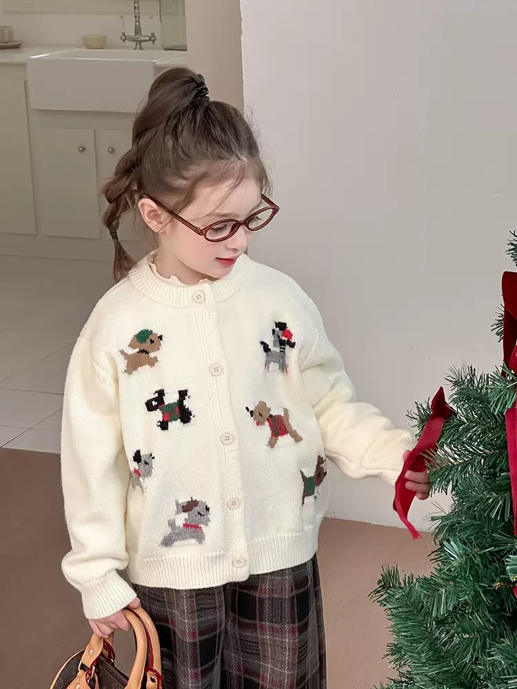 Cardigan len AMBB hoạ tiết cún 2 màu đỏ/kem bé gái size 90-160