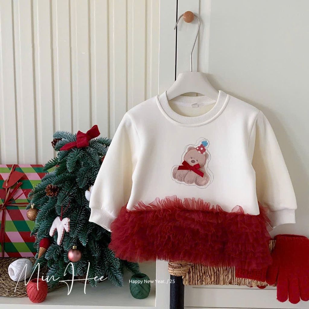 53537 - Áo nỉ chân bèo màu kem phối đỏ noel cho bé size 90-130