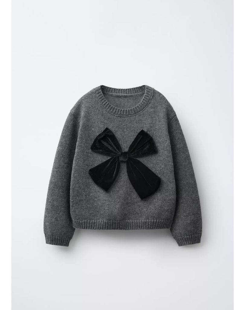 ALBG02 - Áo len màu ghi đính nơ nhung đen size 12m - 6y