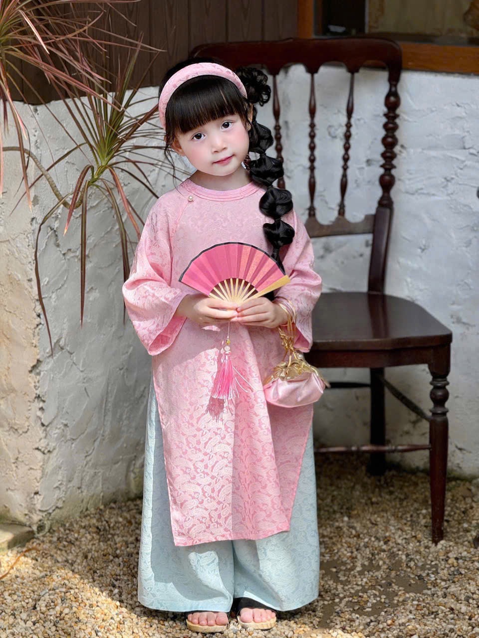 Áo dài lụa kèm bờm hai màu hồng/xanh cho bé size 2-10y