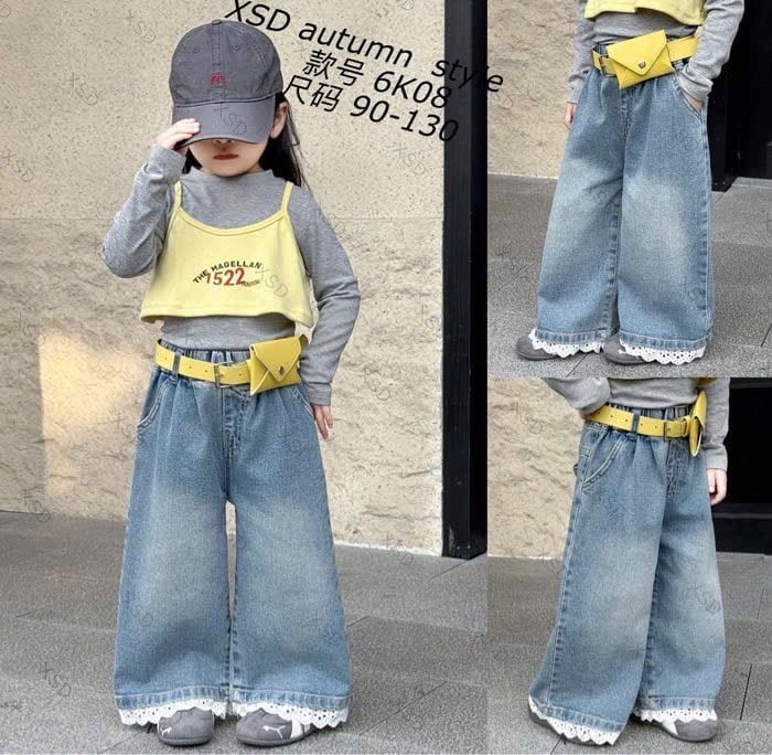 6K08 - Quần jean màu xanh ống suông viền ren trắng bé gái size 90-130