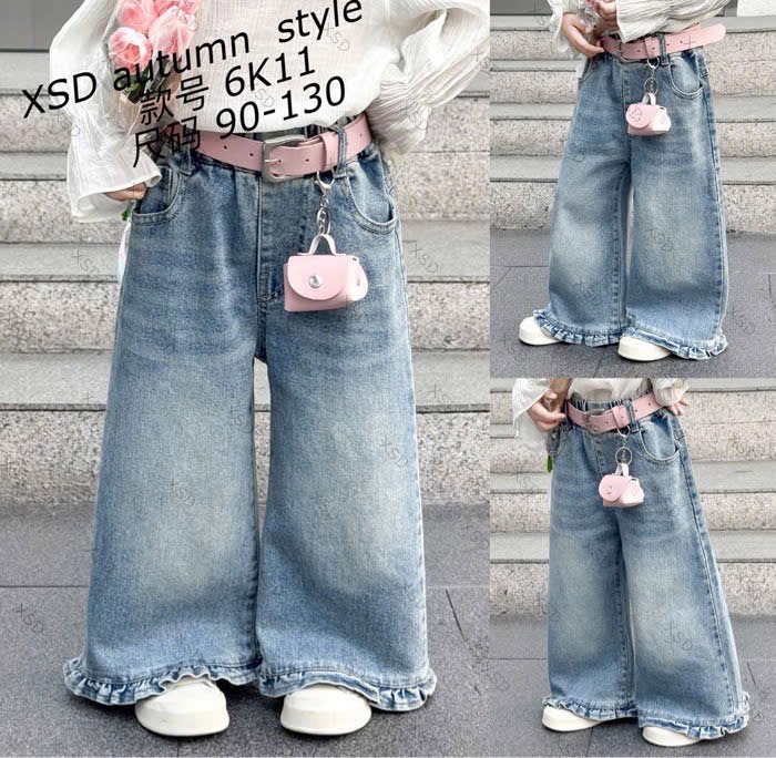 6K11 - Quần jean ống suông viền bèo màu xanh bé gái size 90-130