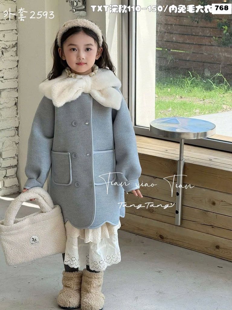 AK07 - Áo khoác dạ lông cừu dáng dài cổ lông 2 màu cho bé size 110-150