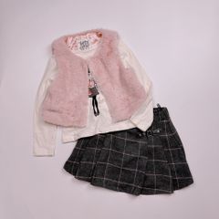 Set 3ct C & A áo cotton hình bé gái - gile lông hồng - chân váy dạ caro ghi size 98 - 140