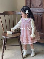 B25067 - Set áo len + váy công chúa đính tim màu hồng cho bé size 90-130