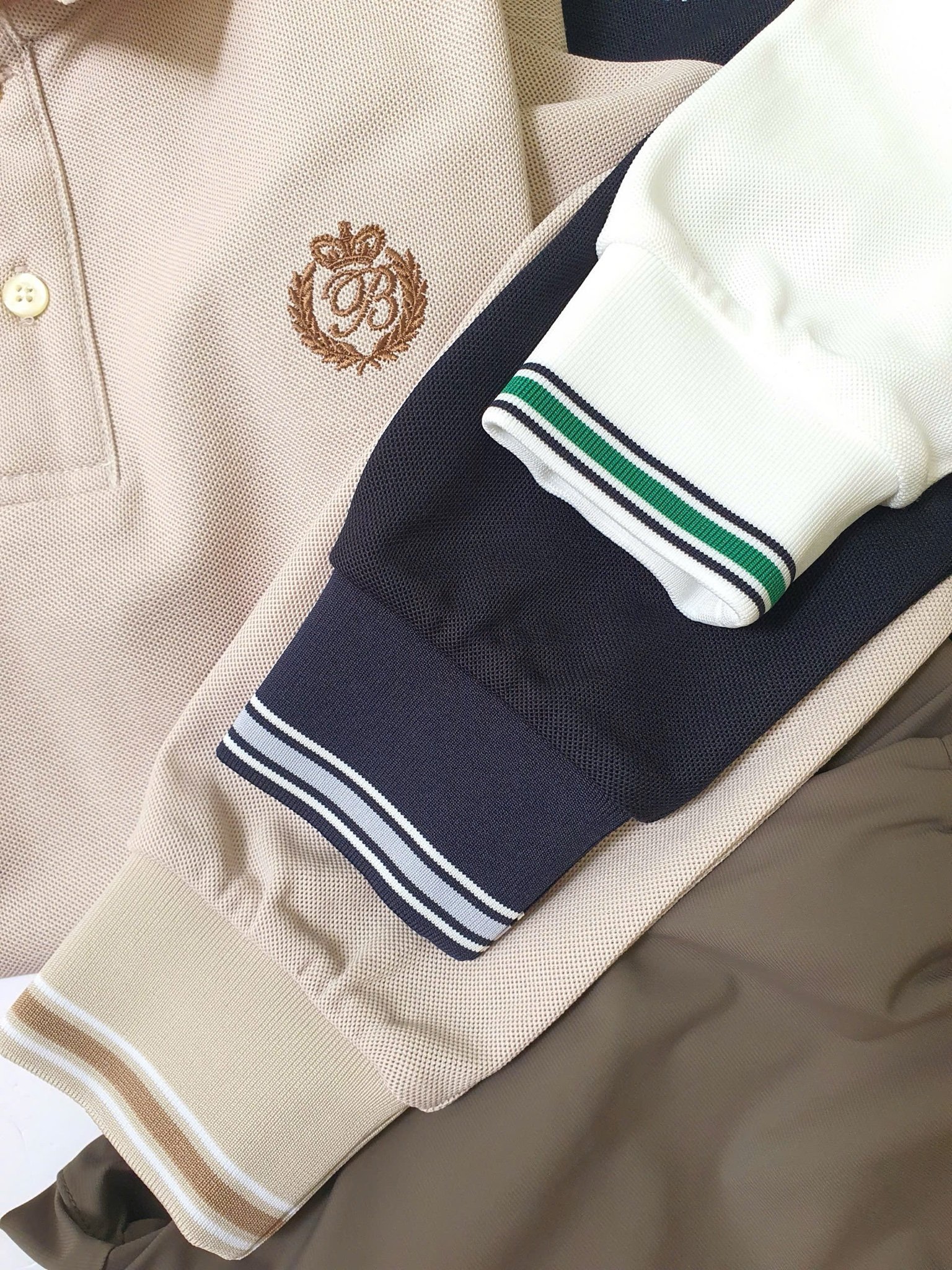 Bộ Polo cổ đức Beemon dài tay 3 màu trắng / be / navy cho bé size 120 - 160