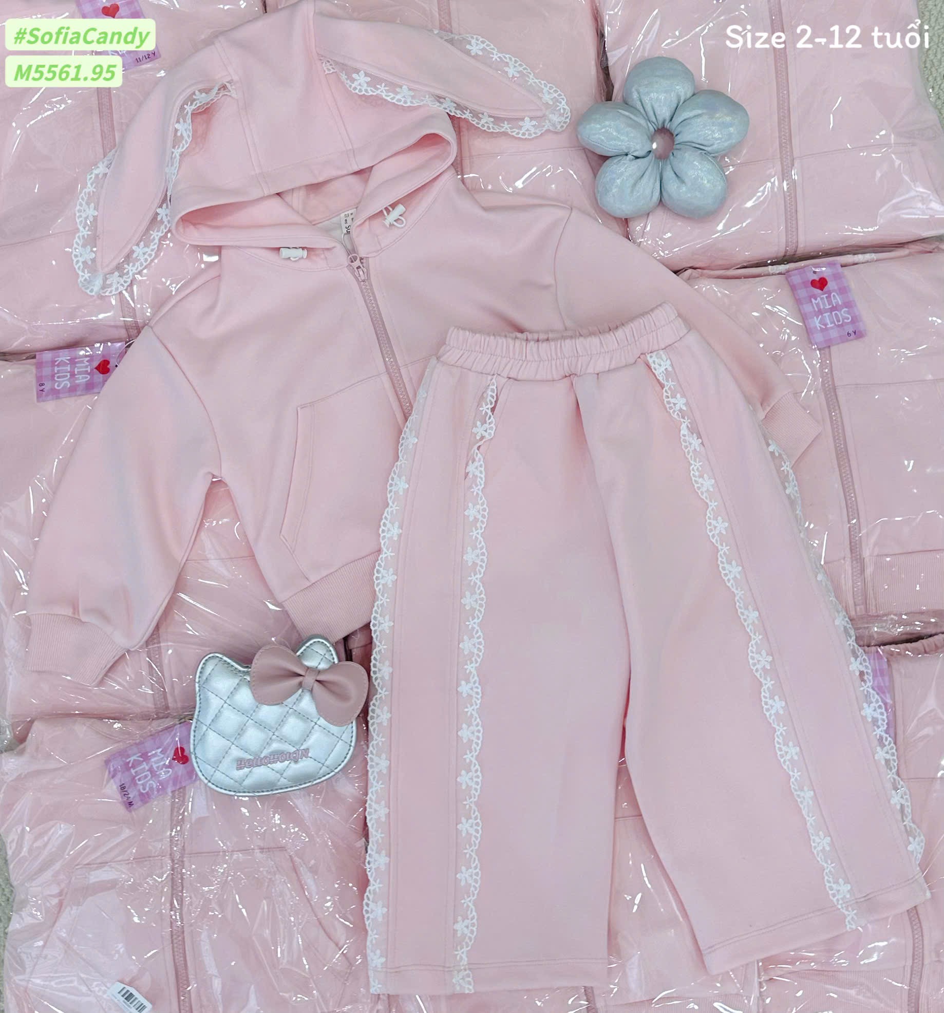 M5561 - Bộ Mia Kids nỉ hồng tai thỏ quần nỉ phối ren bé gái size 2-12y