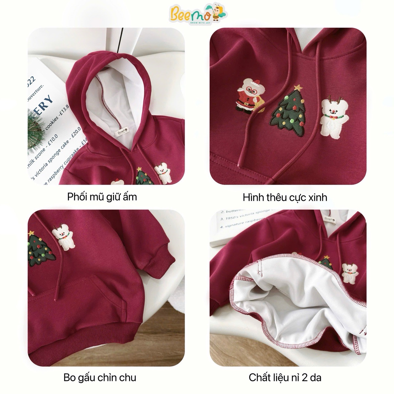 Áo nỉ Beemo hoodie hai da màu đỏ noel cho bé size 1-10y
