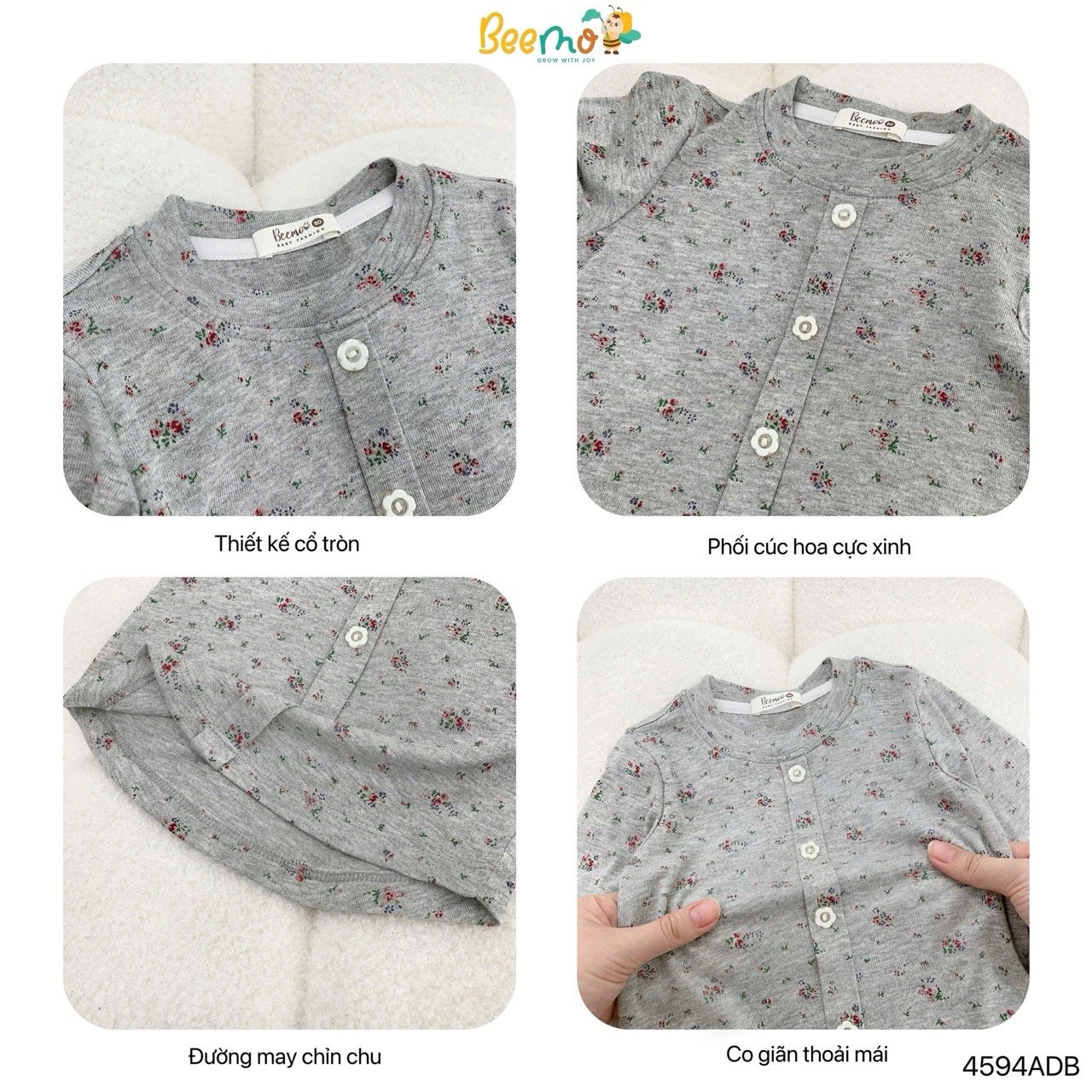 Áo thun Beemo hoa nhí 2 màu kem/ghi bé gái size 80-130