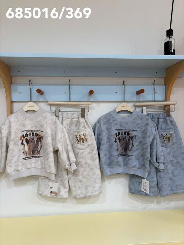 685016 - Set bộ nỉ có lót gấu chó 2 màu xanh/be cho bé size 90-130