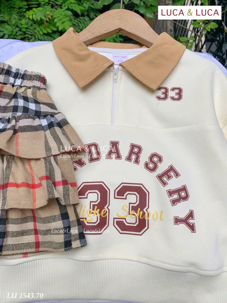LU 1543 - Bộ LUCA áo be cổ đức + chân váy kẻ BBR liền quần bé gái size 2-12y