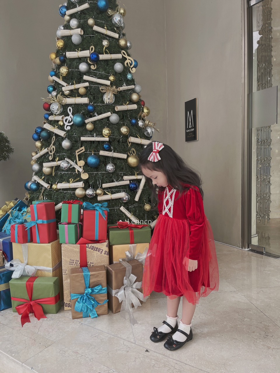 Váy Lennco nhung phối voan cổ nhún ren ngực vai bồng 2 màu đỏ / hồng size 1 - 10y