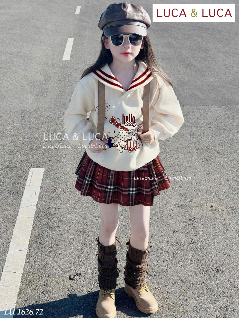 Lu 1626 - Bộ Luca áo cổ thủy thủ kitty + chân váy kẻ caro đỏ bé gái size 2-12y