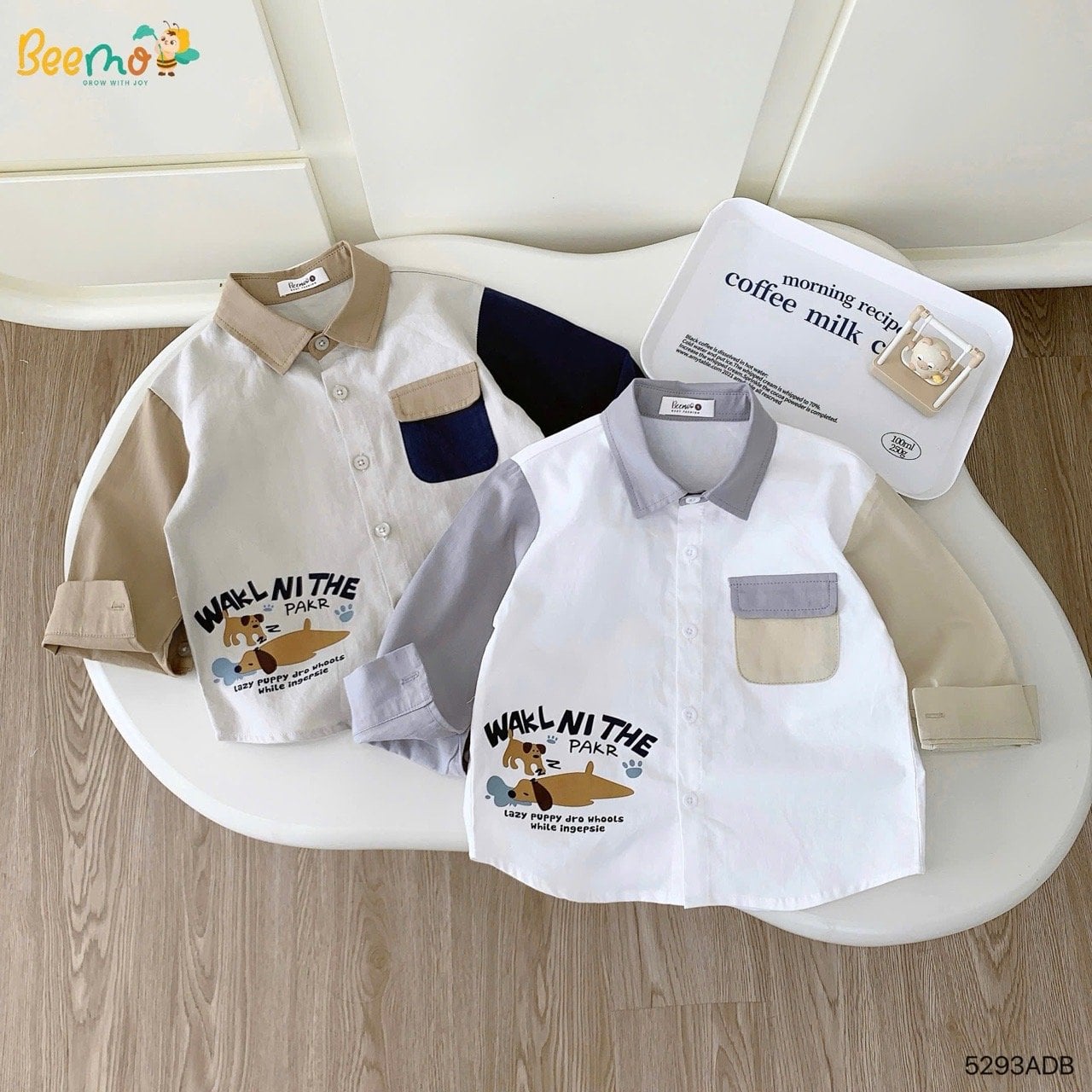 Áo sơ mi Beemo phối tay 2 màu cho bé trai size 1-6y
