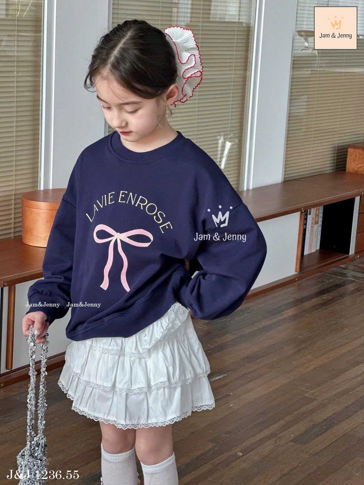 JJ 1236 - Set bộ Jam & Jenny áo nỉ da cá navy nơ + chân váy trắng size 2-12y