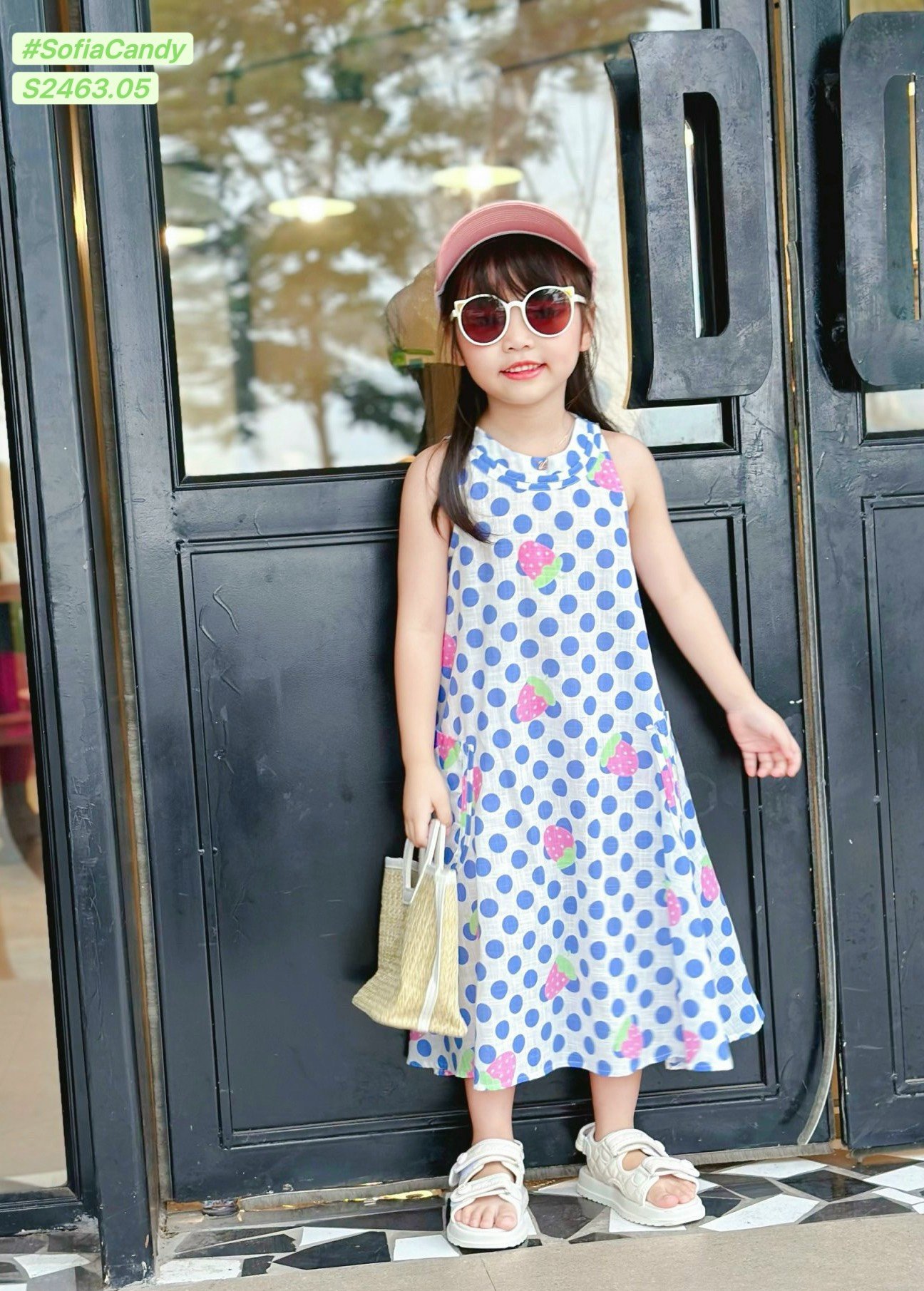 V00037 - Váy Sofia Candy thô đũi sát nách trắng chấm bi xanh dâu tây size 1 - 10y