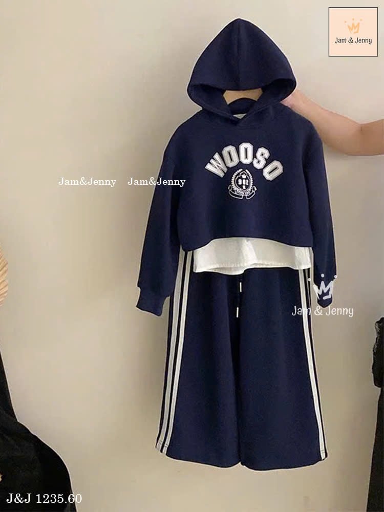 JJ 1235 - Bộ nỉ Jam & jenny hoodie WooSo xanh phối vạt trắng size 2-12y