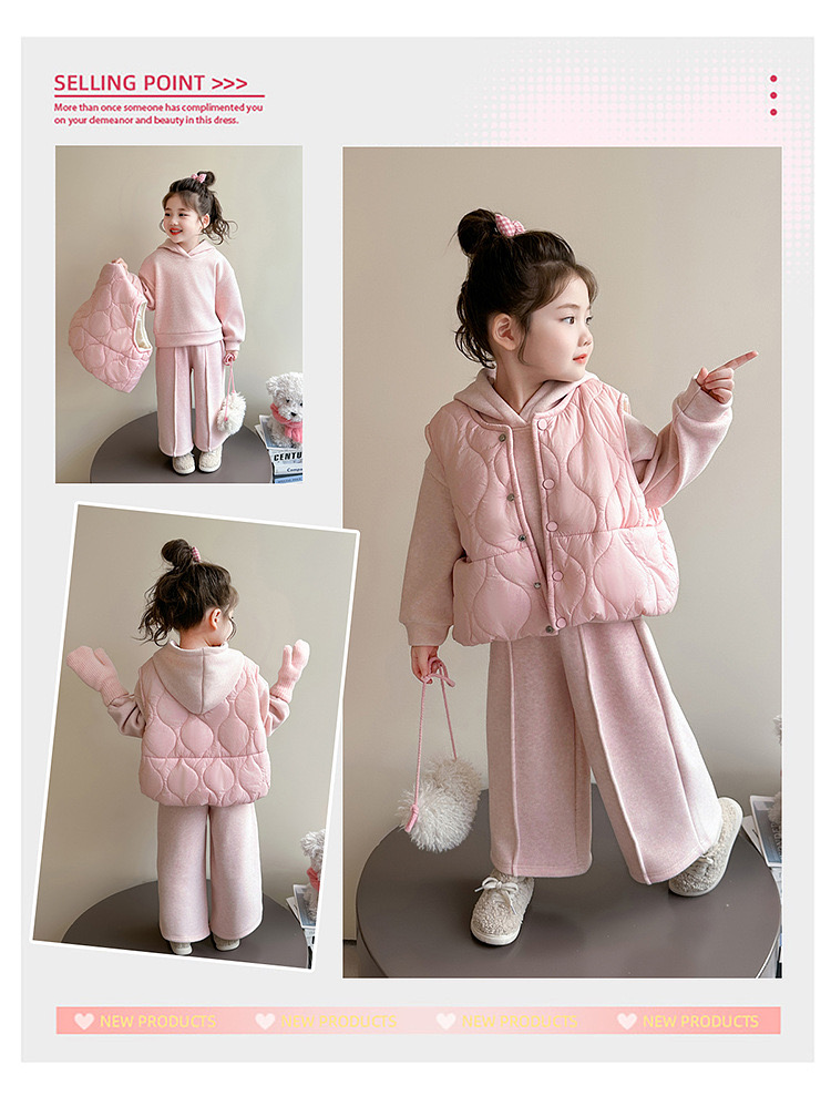 51056 - Set 3ct Roubao bộ nỉ hoodie + gile phao bé gái size 90-130