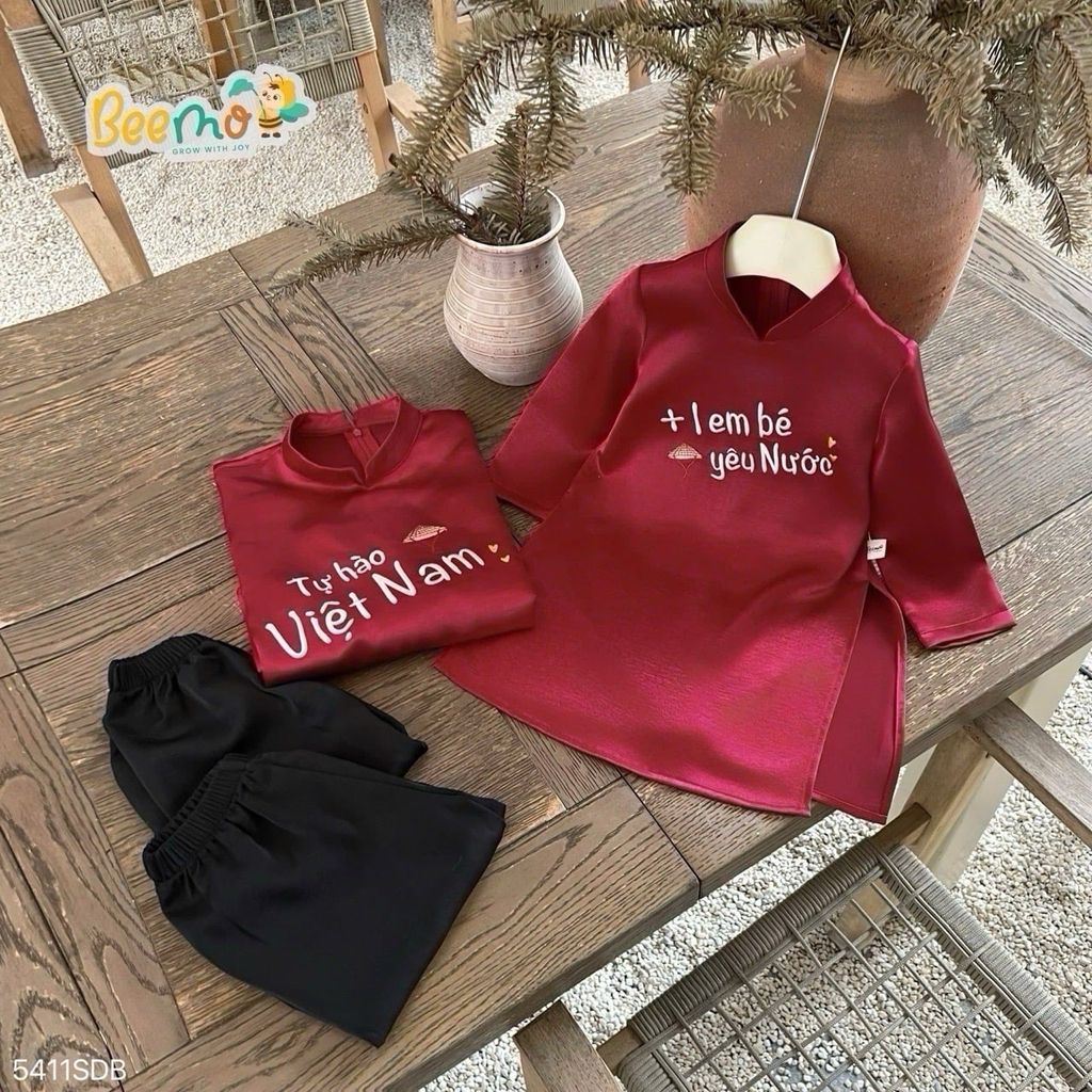 Áo dài lụa Beemo màu đỏ thêu Trend Việt Nam size 1-10y