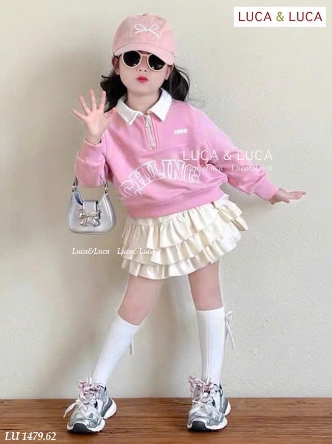 LU 1479 - Bộ nỉ Luca áo hồng cổ trắng + chân váy 3 tầng bé gái size 2-12y