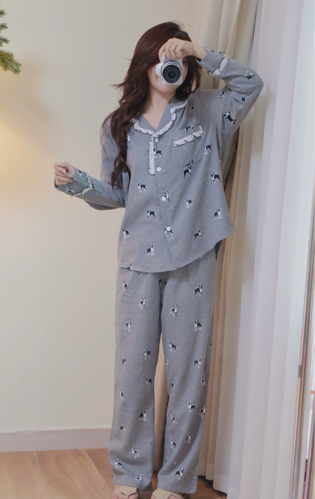 Bộ Pyjama Beemon vải cà bông mềm màu ghi hình cún cho Mẹ freesize 50-65kg