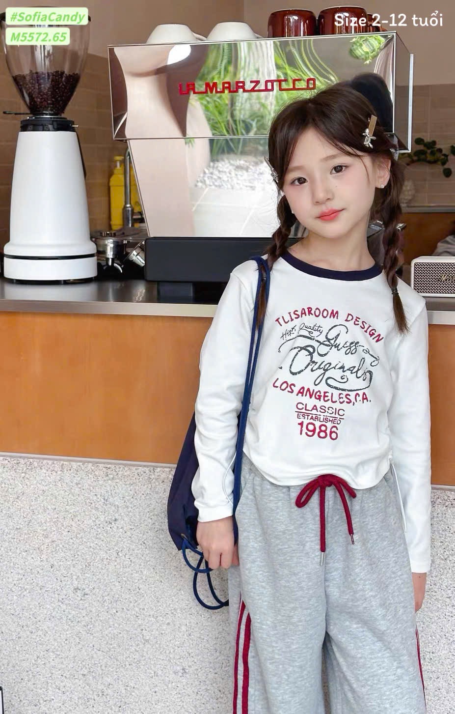 M5572 - Set Mia Kids áo thun trắng Originals - quần nỉ ghi sọc đỏ size 2 - 12y